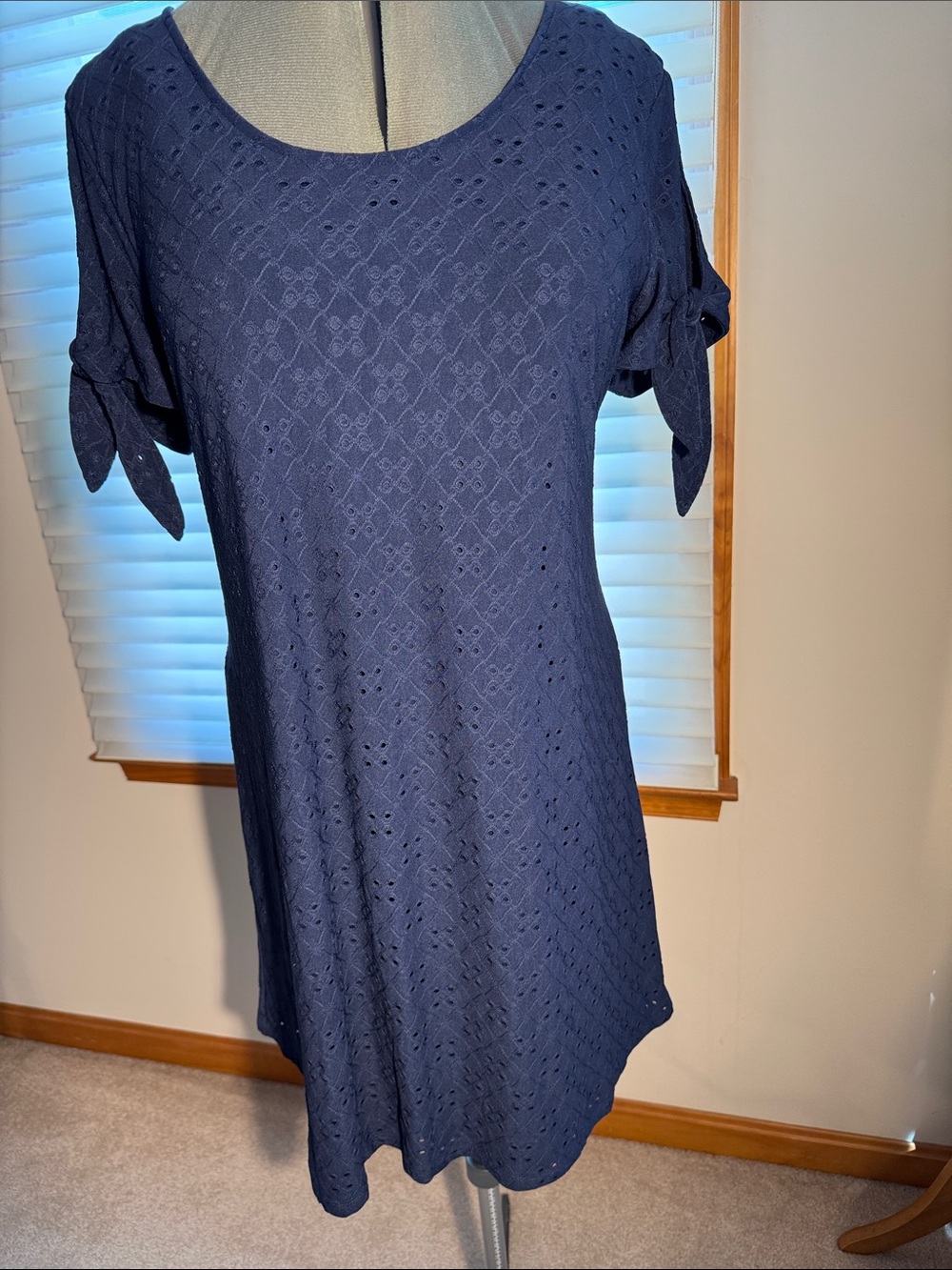 Everlily Classic Navy Eyelet Midi Dress with Tie Sleeves